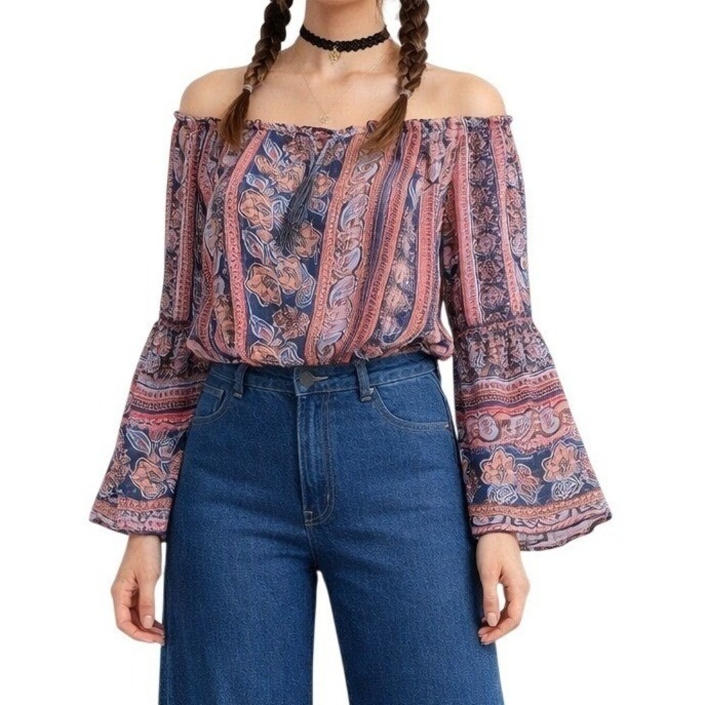 Venus Women Paisley Off The Shoulder Smocked Waist Bell Sleeve Blouse Red Blue 6